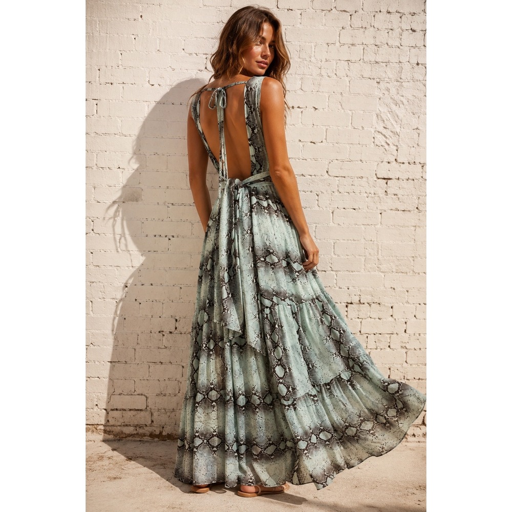 VICI Mint Green Snakeskin Maxi Dress Open Back Plunge V Tiered Small - Picture 3 of 14